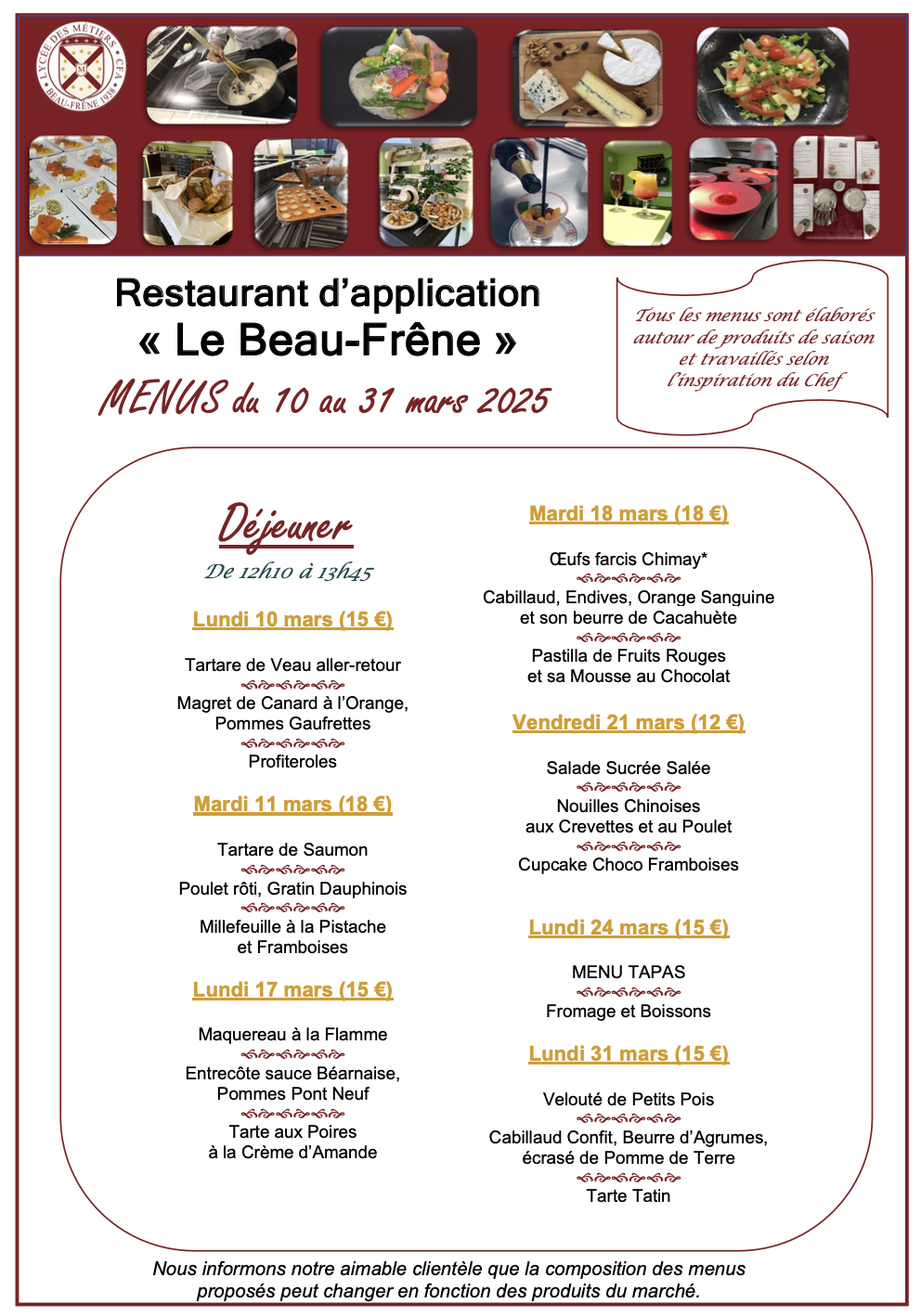 Menus 10 au 31 mars midi