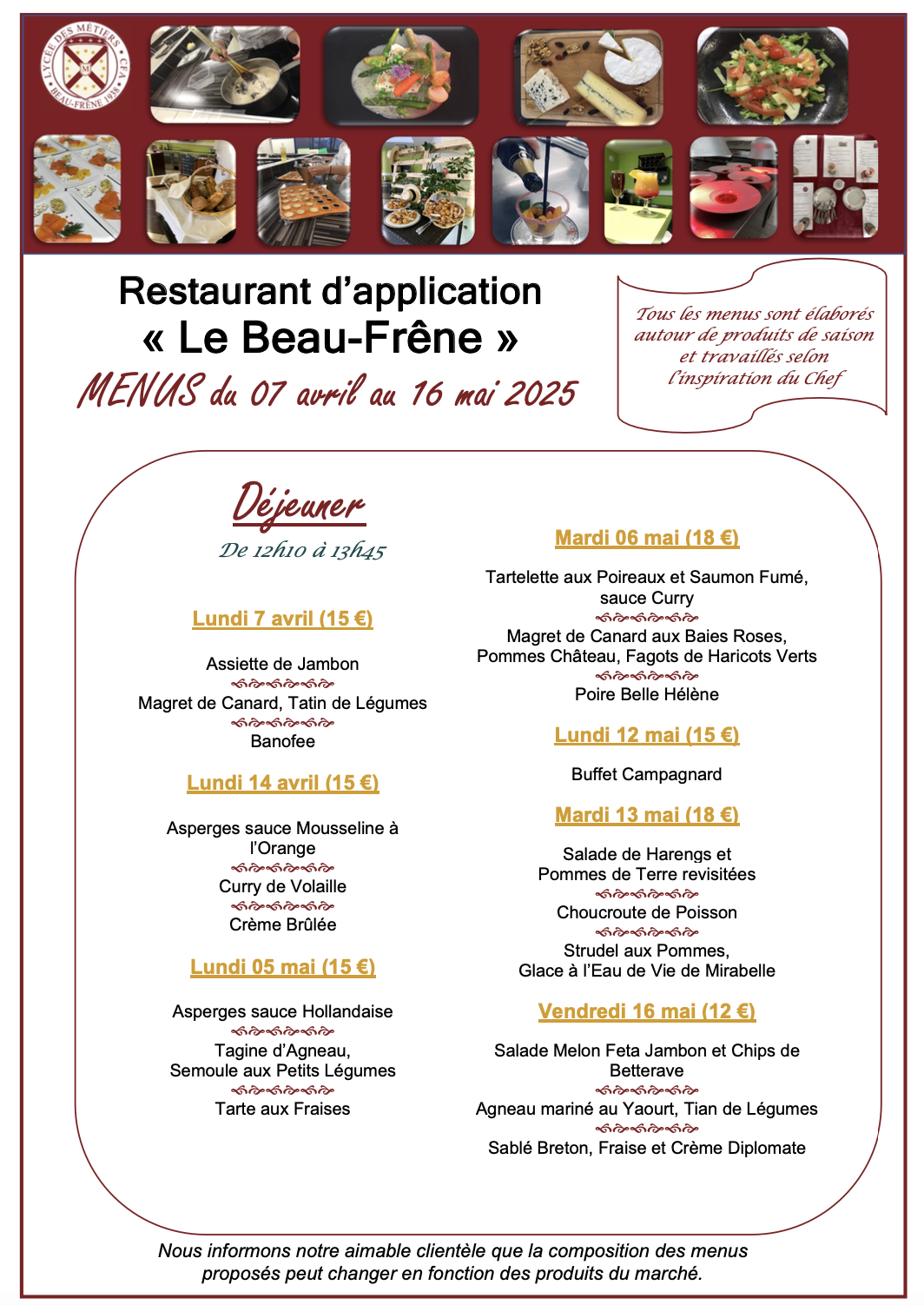 Menus 7 avril au 16 mai