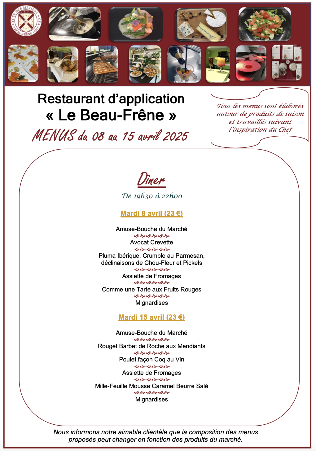 Menus 8 au 15 avril soir